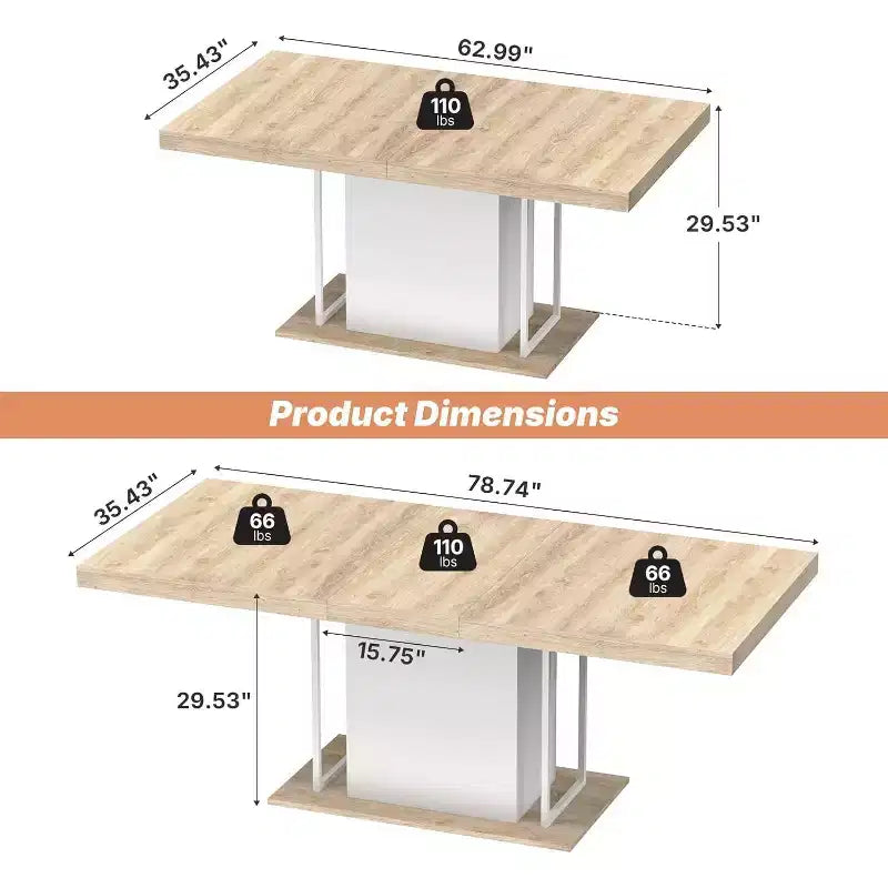 Zevemomo 63-78.7 Table de ferme extensible, Table à manger en bois 6-10 places avec rail métallique et pied central, Finition chêne pour salon et maison