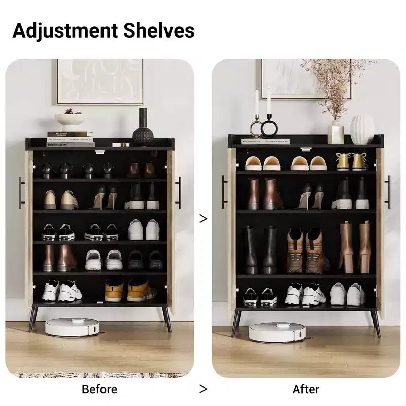 Meuble à chaussures en rotin à 5 niveaux avec 2 portes, étagères réglables, casier à chaussures en bois pour entrée,