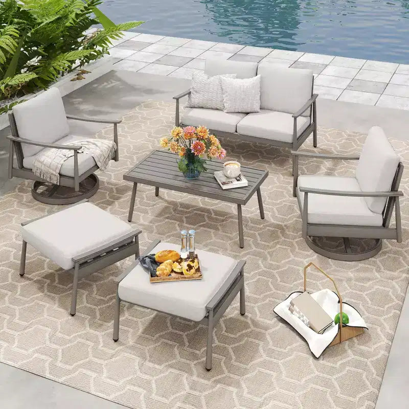 HAPPATIO 6 Pieces Aluminum Outdoor Conversation Set with 1 Loveseat,Coffee Table, 2 Swivel Chairs and Ottomans