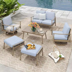 HAPPATIO 6 Pieces Aluminum Outdoor Conversation Set with 1 Loveseat,Coffee Table, 2 Swivel Chairs and Ottomans