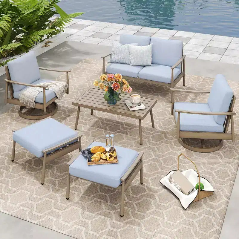 HAPPATIO 6 Pieces Aluminum Outdoor Conversation Set with 1 Loveseat,Coffee Table, 2 Swivel Chairs and Ottomans