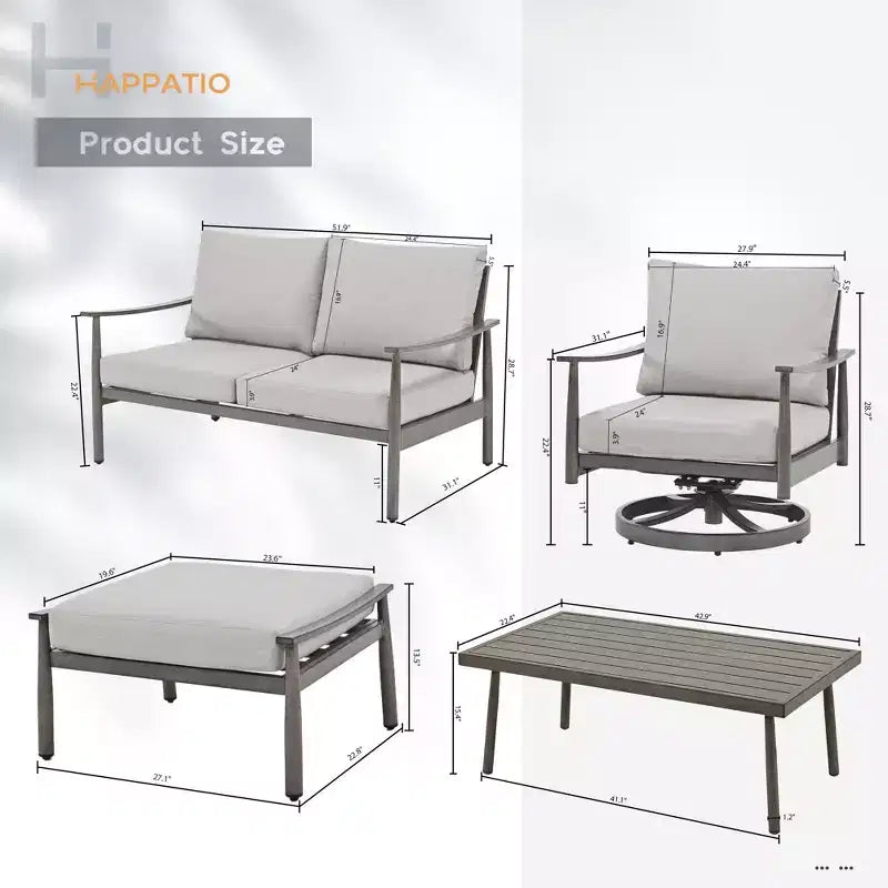 HAPPATIO 6 Pieces Aluminum Outdoor Conversation Set with 1 Loveseat,Coffee Table, 2 Swivel Chairs and Ottomans