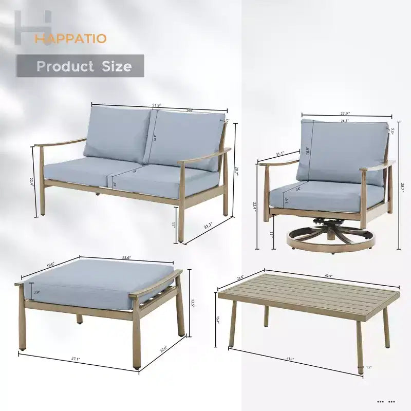 HAPPATIO 6 Pieces Aluminum Outdoor Conversation Set with 1 Loveseat,Coffee Table, 2 Swivel Chairs and Ottomans