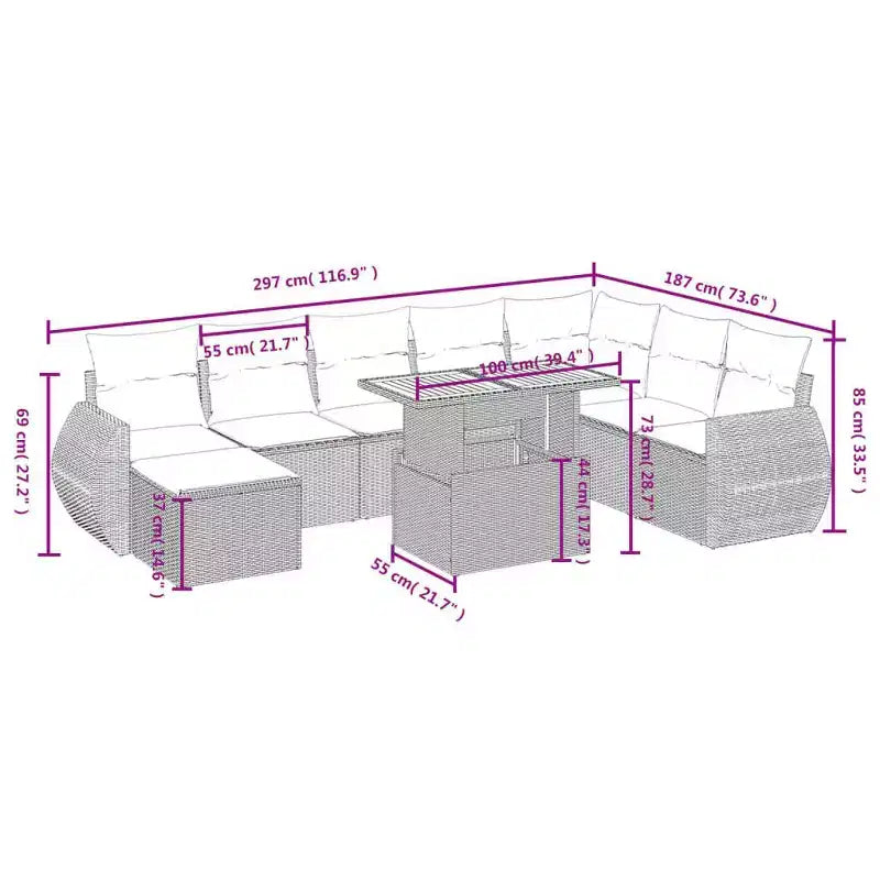 vidaXL 9 Piece Patio Sofa Set with Cushions Black and Blue Poly Rattan