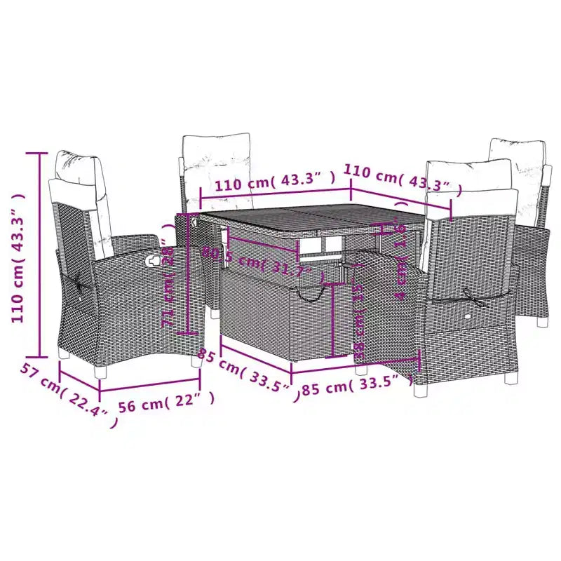 vidaXL 5 Piece Patio Dining Set - Black Poly Rattan with Cream Cushions, Adjustable Table, Reclining Chairs