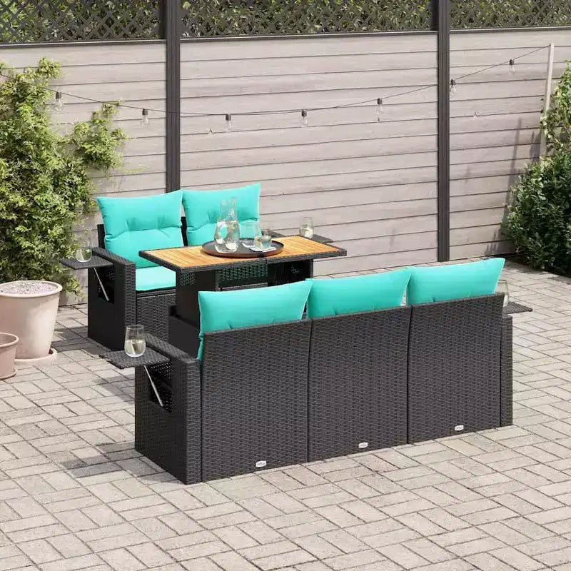 vidaXL Salon de jardin avec coussins, table et sections de canapé 6 pièces en résine tressée - Noir