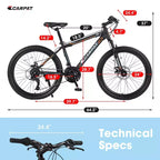 NAYSAYE Vélo tout-terrain 24 pouces 21 vitesses avec double frein à disque, cadre en acier, pour adultes, pour l'aventure en extérieur, noir et orange, 56.3*7.88*28.35