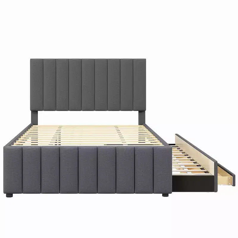 Lit plateforme rembourré en lin Whisen format double avec lit gigogne et 3 tiroirs de rangement