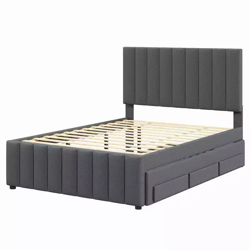 Lit plateforme rembourré en lin Whisen format double avec lit gigogne et 3 tiroirs de rangement