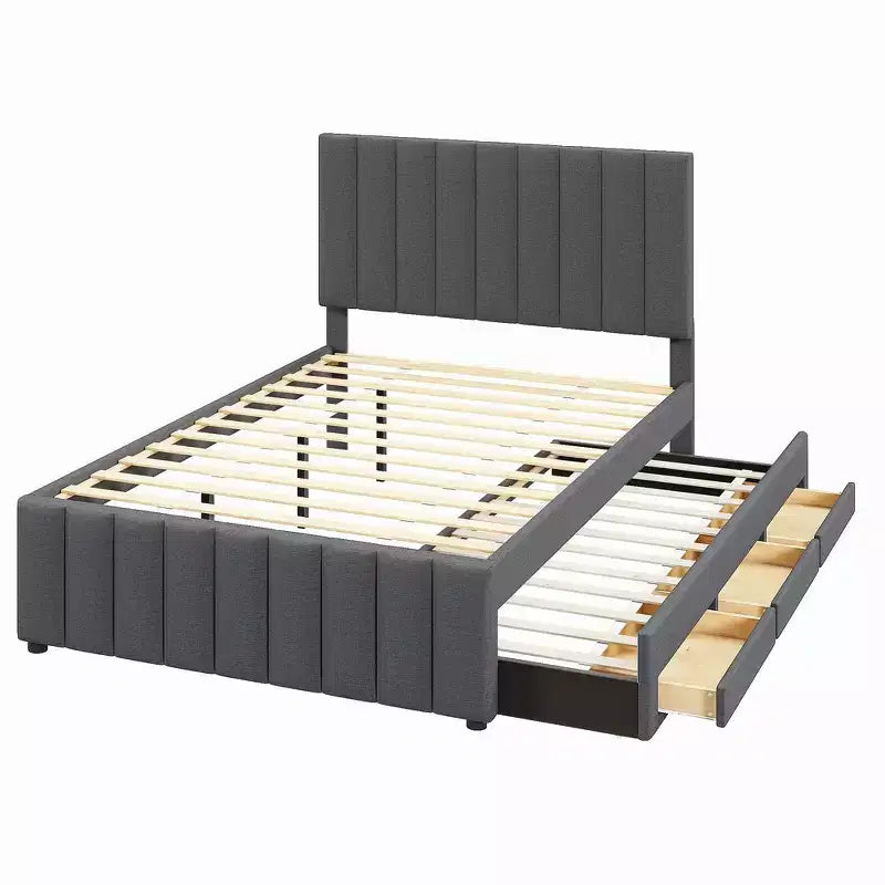 Lit plateforme rembourré en lin Whisen format double avec lit gigogne et 3 tiroirs de rangement