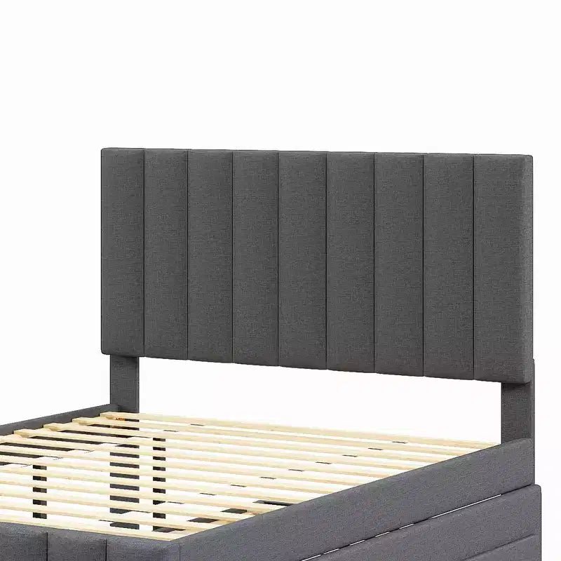 Lit plateforme rembourré en lin Whisen format double avec lit gigogne et 3 tiroirs de rangement
