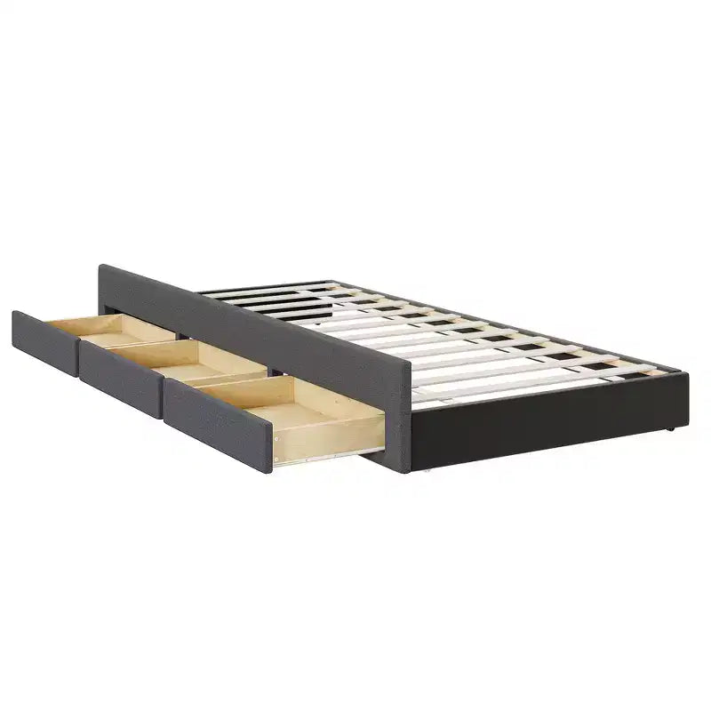 Lit plateforme rembourré en lin Whisen format double avec lit gigogne et 3 tiroirs de rangement