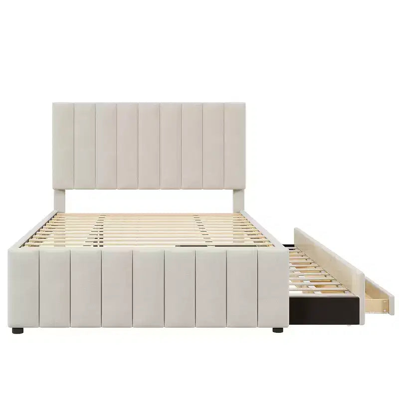 Lit plateforme rembourré en lin Whisen format double avec lit gigogne et 3 tiroirs de rangement