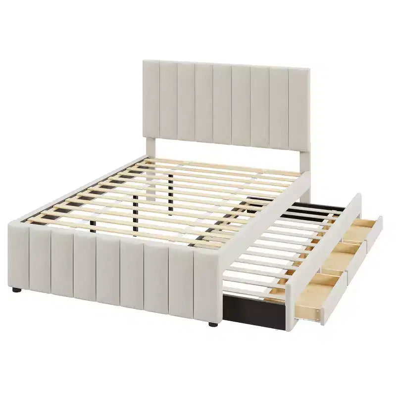 Lit plateforme rembourré en lin Whisen format double avec lit gigogne et 3 tiroirs de rangement