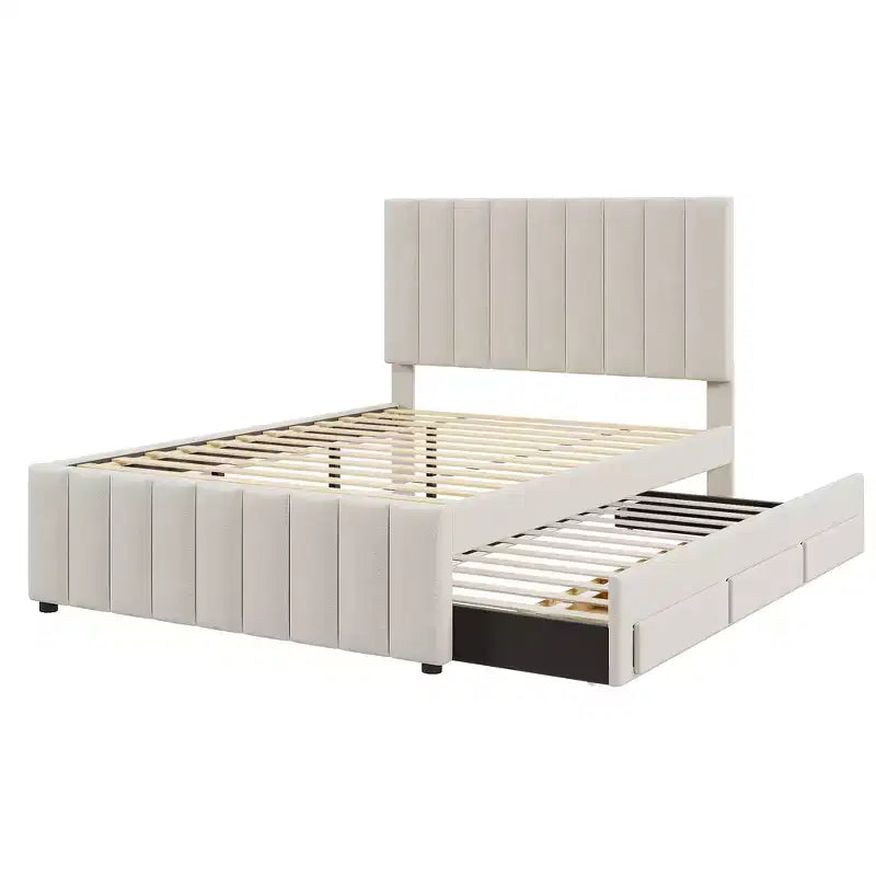 Lit plateforme rembourré en lin Whisen format double avec lit gigogne et 3 tiroirs de rangement