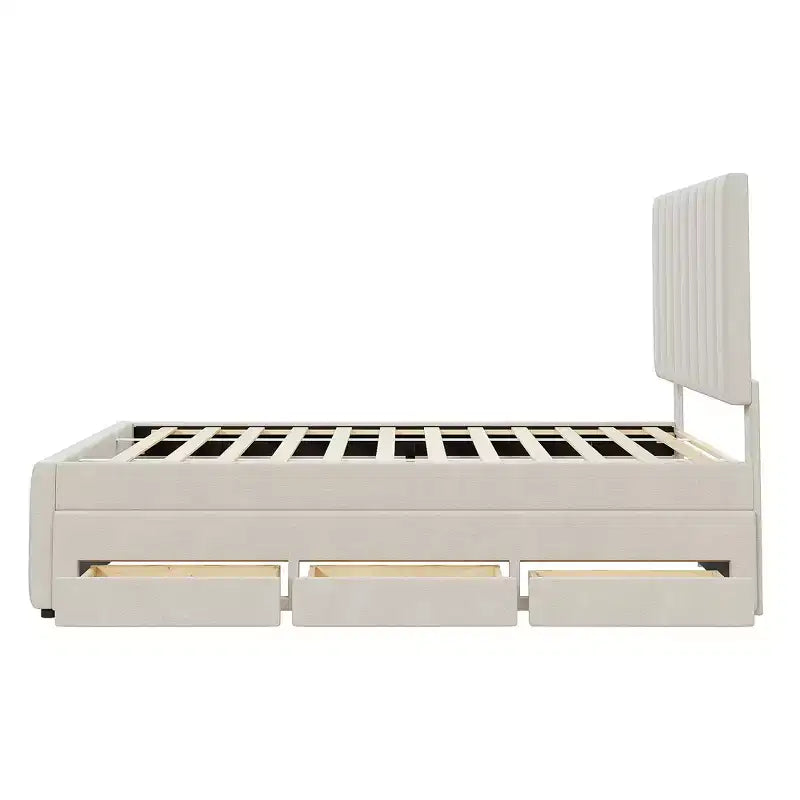 Lit plateforme rembourré en lin Whisen format double avec lit gigogne et 3 tiroirs de rangement