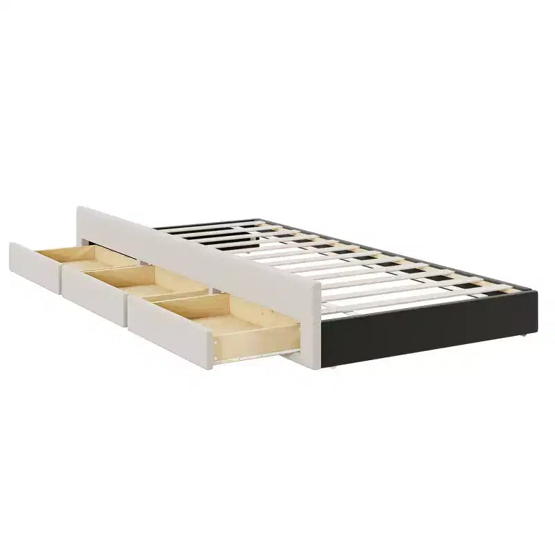 Lit plateforme rembourré en lin Whisen format double avec lit gigogne et 3 tiroirs de rangement