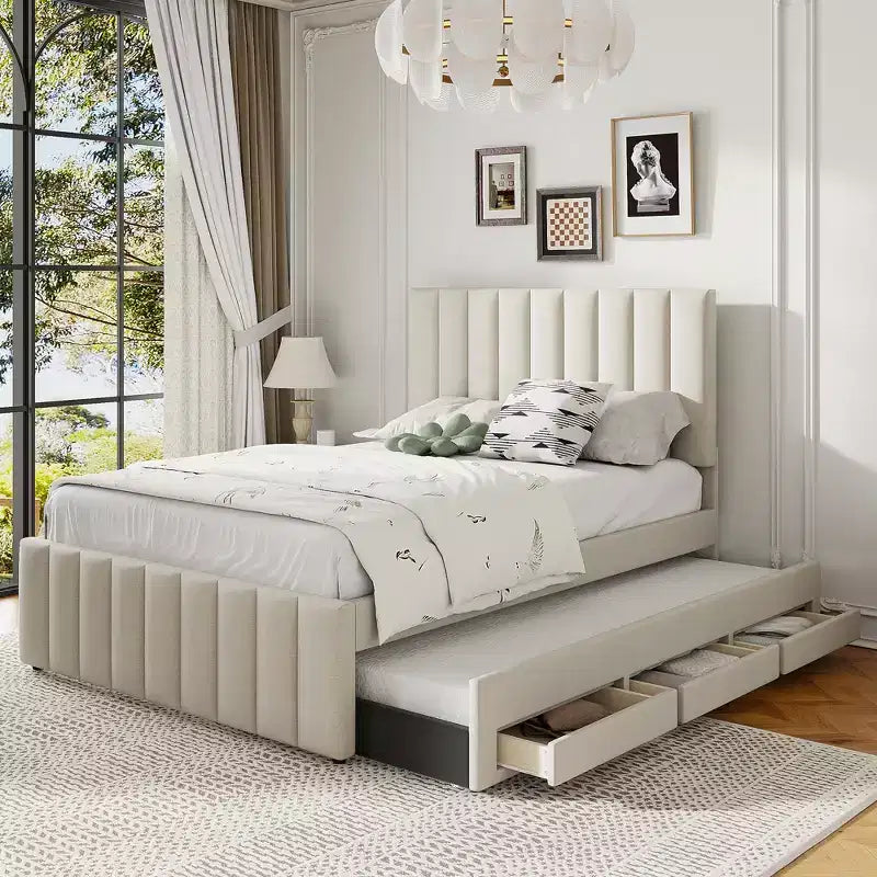 Whisen Twin Size Linen Upholstered Platform Bed with Trundle and 3 Storage Drawers