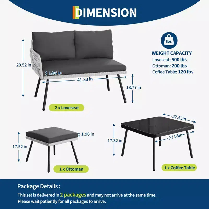 L-Shaped Patio Furniture Sets, Outdoor PE Wicker Conversation Set with Tempered Glass Coffee Table & Cushions (2 Loveseat ,1 Ottoman ,1 Coffee Table)
