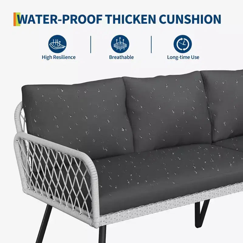 L-Shaped Patio Furniture Sets, Outdoor PE Wicker Conversation Set with Tempered Glass Coffee Table & Cushions (2 Loveseat ,1 Ottoman ,1 Coffee Table)