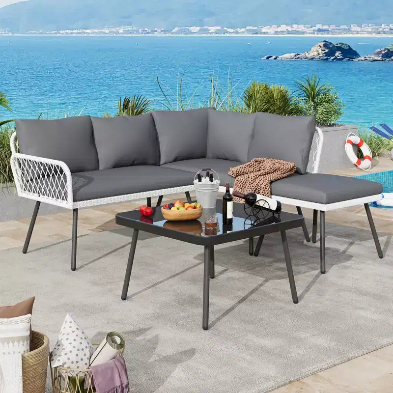 L-Shaped Patio Furniture Sets, Outdoor PE Wicker Conversation Set with Tempered Glass Coffee Table & Cushions (2 Loveseat ,1 Ottoman ,1 Coffee Table)