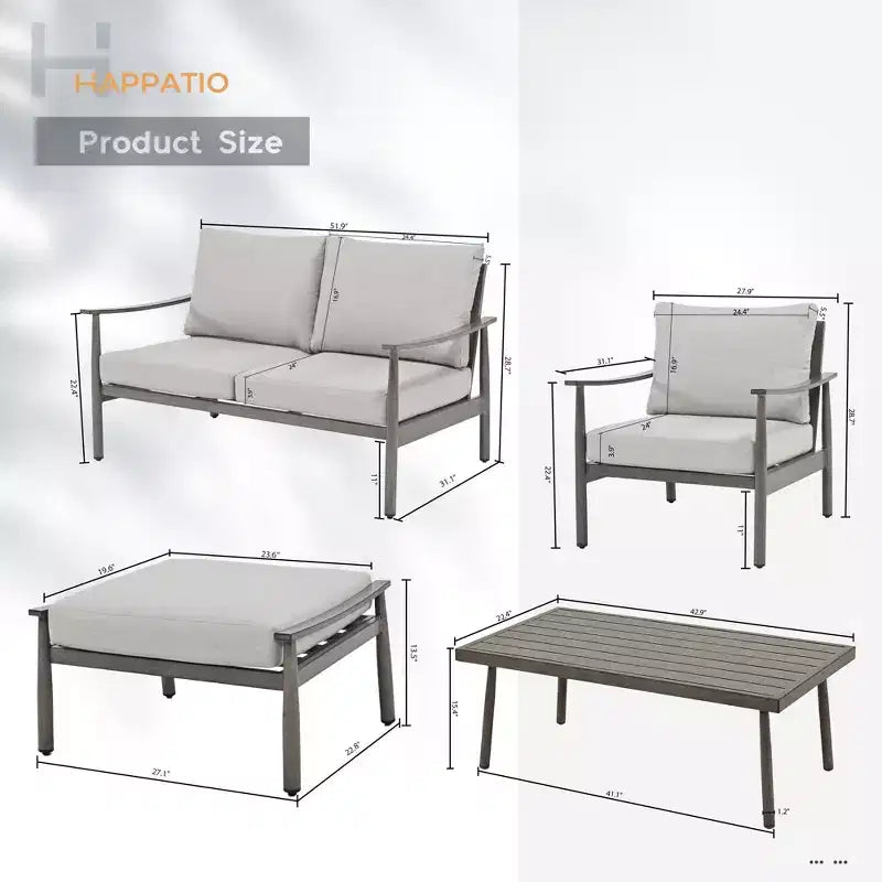 HAPPATIO Patio Outdoor Furniture Set - 6 Pieces Aluminum Outdoor Conversation Set with Loveseat,Armchairs,Coffee Table and Ottomans for Yard,Porch