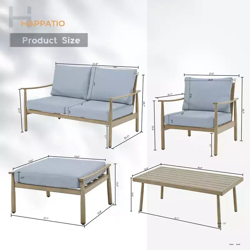 HAPPATIO Patio Outdoor Furniture Set - 6 Pieces Aluminum Outdoor Conversation Set with Loveseat,Armchairs,Coffee Table and Ottomans for Yard,Porch