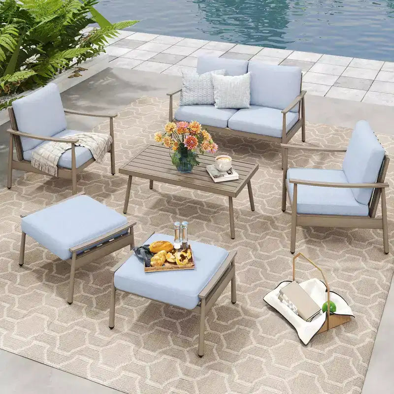 HAPPATIO Patio Outdoor Furniture Set - 6 Pieces Aluminum Outdoor Conversation Set with Loveseat,Armchairs,Coffee Table and Ottomans for Yard,Porch