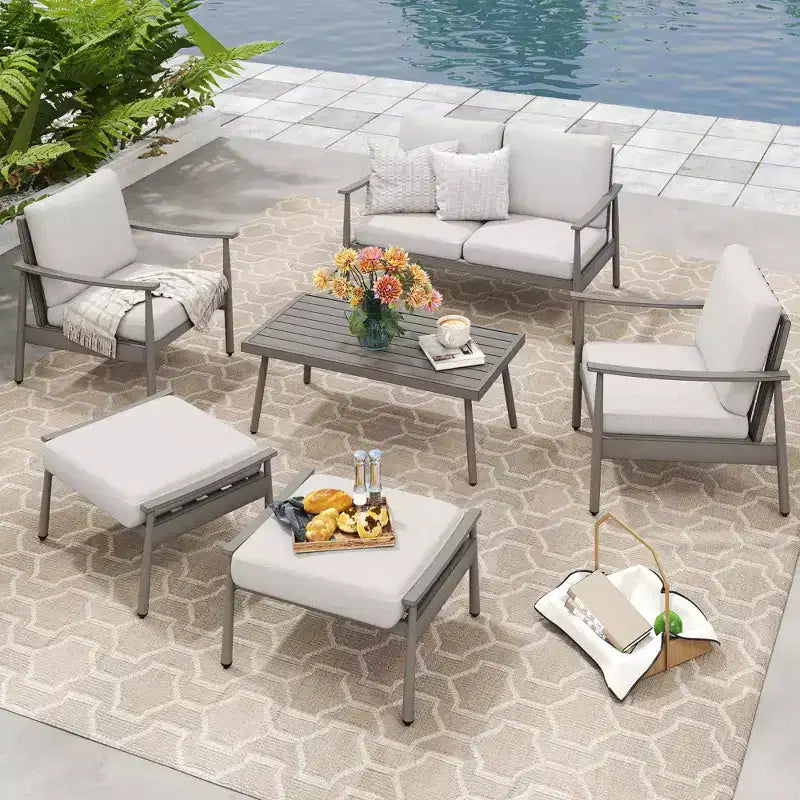 HAPPATIO Patio Outdoor Furniture Set - 6 Pieces Aluminum Outdoor Conversation Set with Loveseat,Armchairs,Coffee Table and Ottomans for Yard,Porch