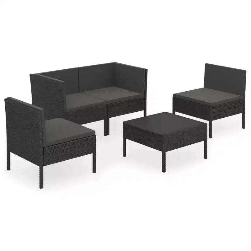 vidaXL 5-Piece Black Poly Rattan Patio Lounge Set with Cushions - Versatile Outdoor Furniture for Garden and Deck