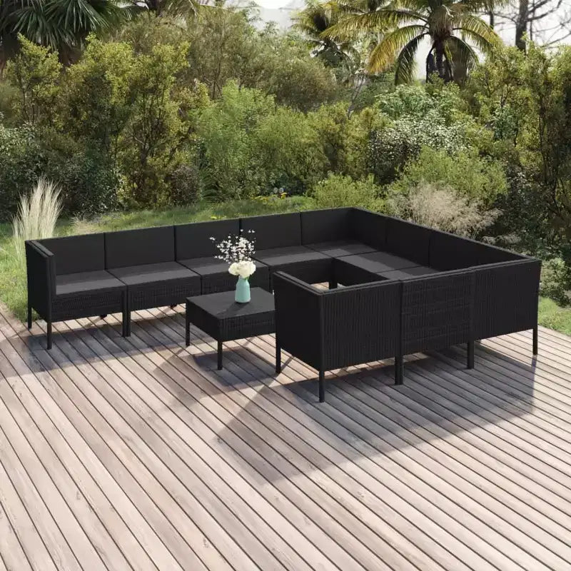 vidaXL Patio Lounge Set - 11 Piece Outdoor Furniture Set with Cushions, Poly Rattan & Powder-Coated Steel, Black