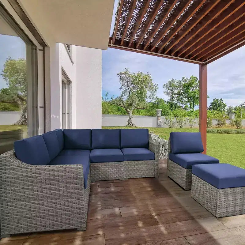 HAPPATIO 7 Piece Patio Conversation Set Wicker Outdoor Sectional Sofa, All-Weather Patio Furniture Set Combination Sofa. Patio sectional Set.