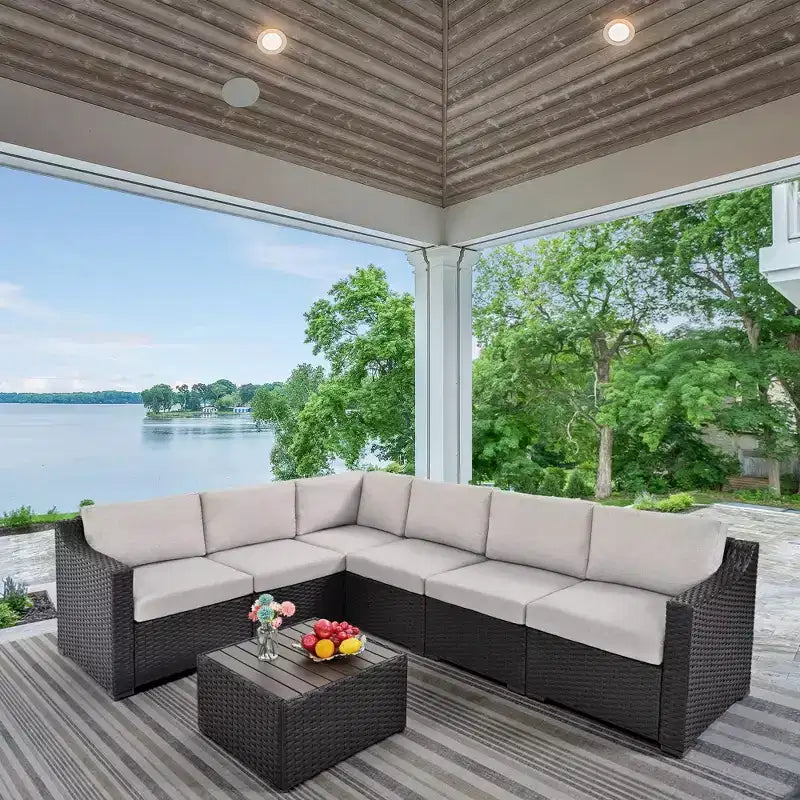 HAPPATIO 7 Piece Patio Conversation Set Wicker Outdoor Sectional Sofa, All-Weather Patio Furniture Set Combination Sofa. Patio sectional Set.