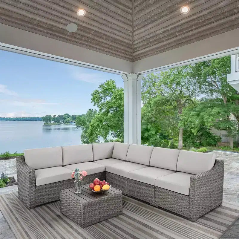 HAPPATIO 7 Piece Patio Conversation Set Wicker Outdoor Sectional Sofa, All-Weather Patio Furniture Set Combination Sofa. Patio sectional Set.