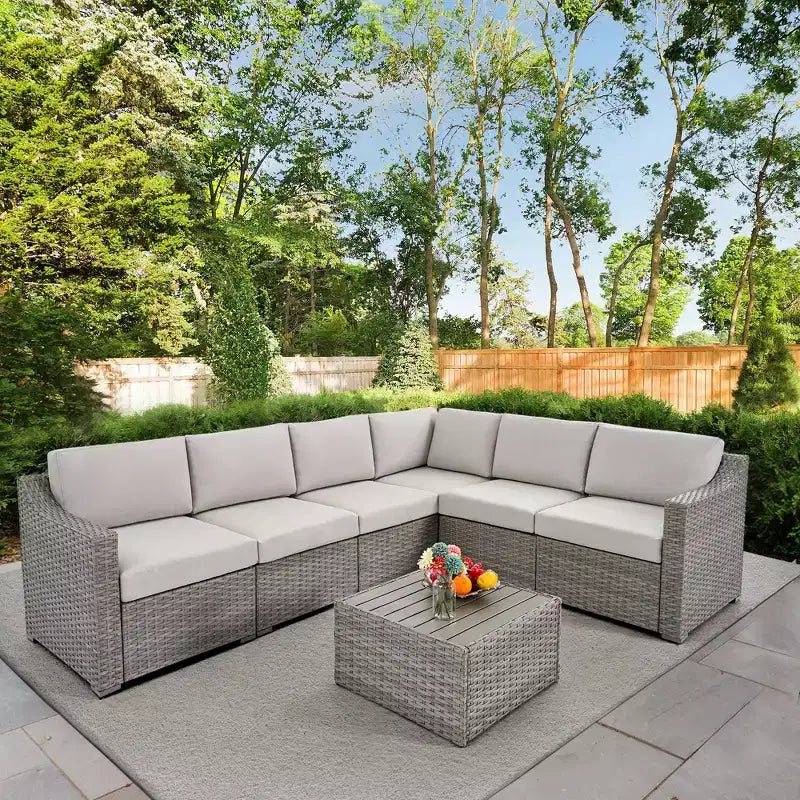 HAPPATIO 7 Piece Patio Conversation Set Wicker Outdoor Sectional Sofa, All-Weather Patio Furniture Set Combination Sofa. Patio sectional Set.