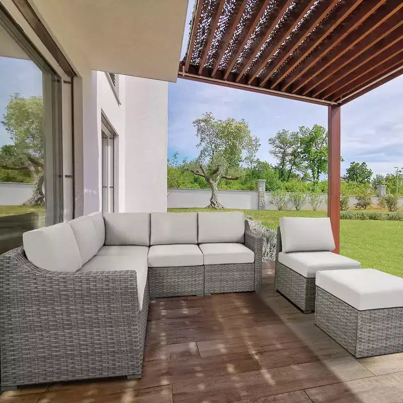 HAPPATIO 7 Piece Patio Conversation Set Wicker Outdoor Sectional Sofa, All-Weather Patio Furniture Set Combination Sofa. Patio sectional Set.