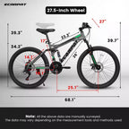 Whisen 27.5 Inch Full Suspension Mountain Bike, Front and Rear Dual Shock Absorbers, Mechanical Disc Brakes, 21-Speed