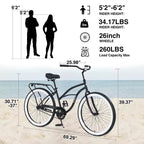 Whisen 26 Men's Beach Cruiser Bike, Single Speed Bicycles with Steel Frame, Wide Wheels for Stability