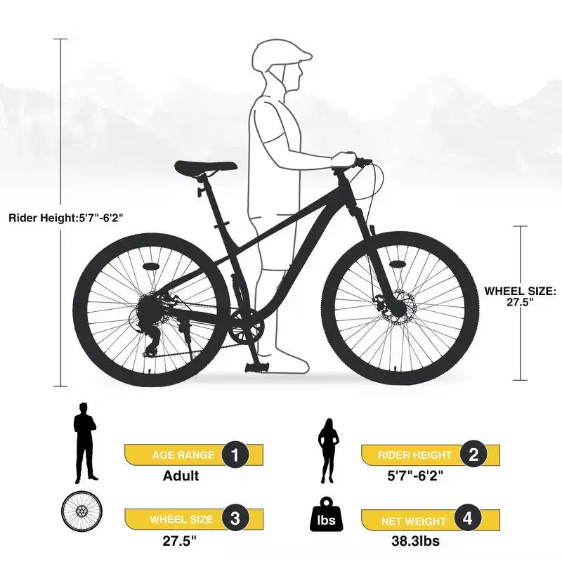 VTT Whisen 27.5 avec dérailleur arrière 8 vitesses, suspension avant, cadre en acier