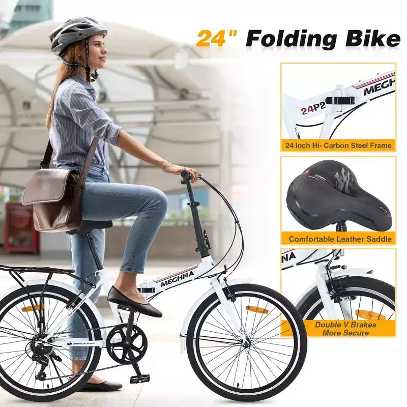 Vélo pliant de ville Whisen 24, vélos adultes avec Shimano 7 vitesses, cadre en acier