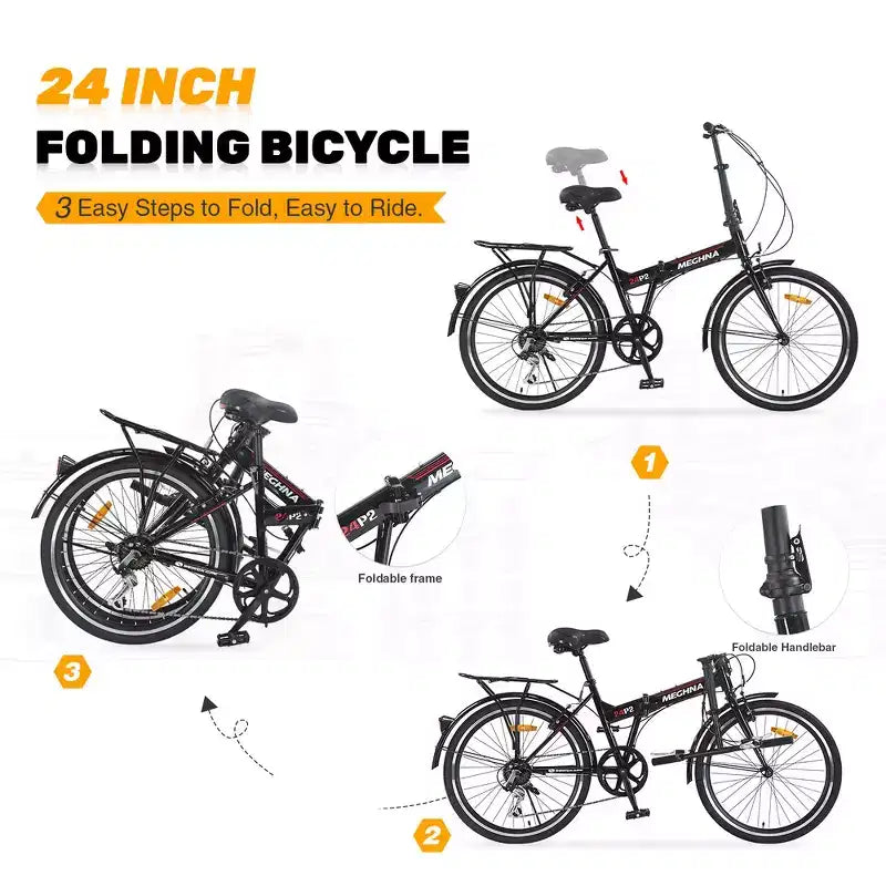 Vélo pliant de ville Whisen 24, vélos adultes avec Shimano 7 vitesses, cadre en acier