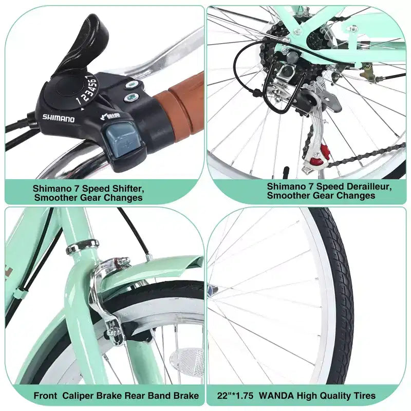 Okak 22IN Cruiser Bikes with Front Basket, Girls Bike with Steel Frame, V-Shape Brake and Comfort Saddles, Adult Bike for Girls and Women