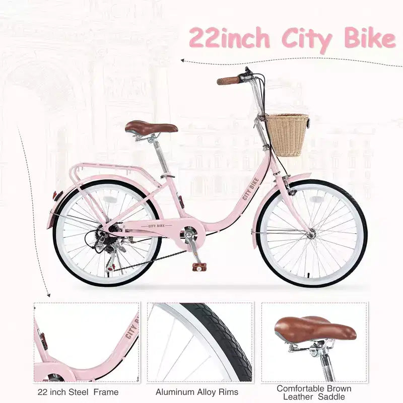 Okak 22IN Cruiser Bikes with Front Basket, Girls Bike with Steel Frame, V-Shape Brake and Comfort Saddles, Adult Bike for Girls and Women