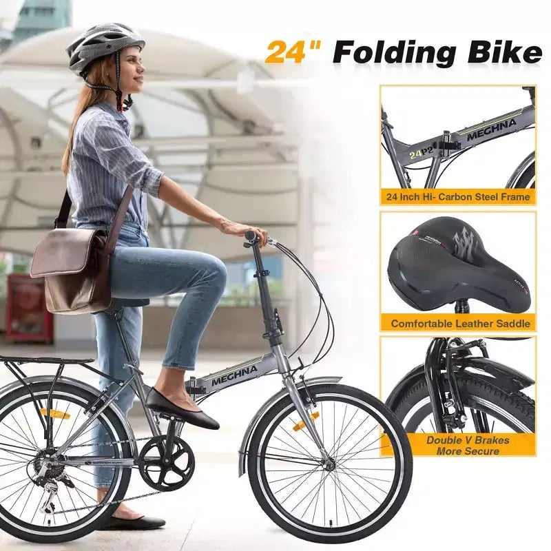 Vélo pliant Okak 24 pouces avec 7 vitesses et cadre en acier, vélos de croisière avec porte-bagages arrière et garde-boue, vélo adulte pour les voyages et les trajets quotidiens