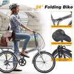 Vélo pliant Okak 24 pouces avec 7 vitesses et cadre en acier, vélos de croisière avec porte-bagages arrière et garde-boue, vélo adulte pour les voyages et les trajets quotidiens