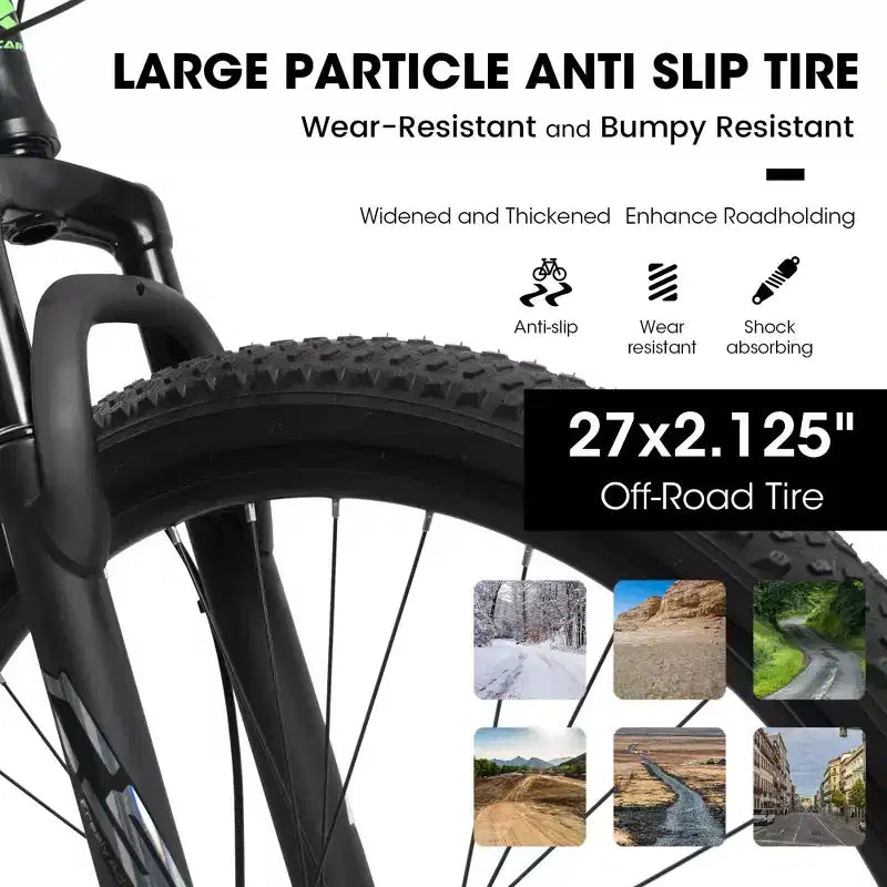 VTT Okak 27 pouces avec fourche suspendue et cadre en aluminium, VTT tout-terrain 21 vitesses avec frein à disque, vélo pour adultes hommes et femmes