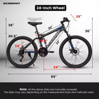 Okak 24 Inch Carbon Steel Mountain Bike with Full Suspension, Mens Bike with 21 Speed Shifter Lever and Disc Brakes, Bicycle for Kids&Adults