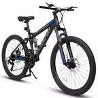 Okak 24 Inch Carbon Steel Mountain Bike with Full Suspension, Mens Bike with 21 Speed Shifter Lever and Disc Brakes, Bicycle for Kids&Adults