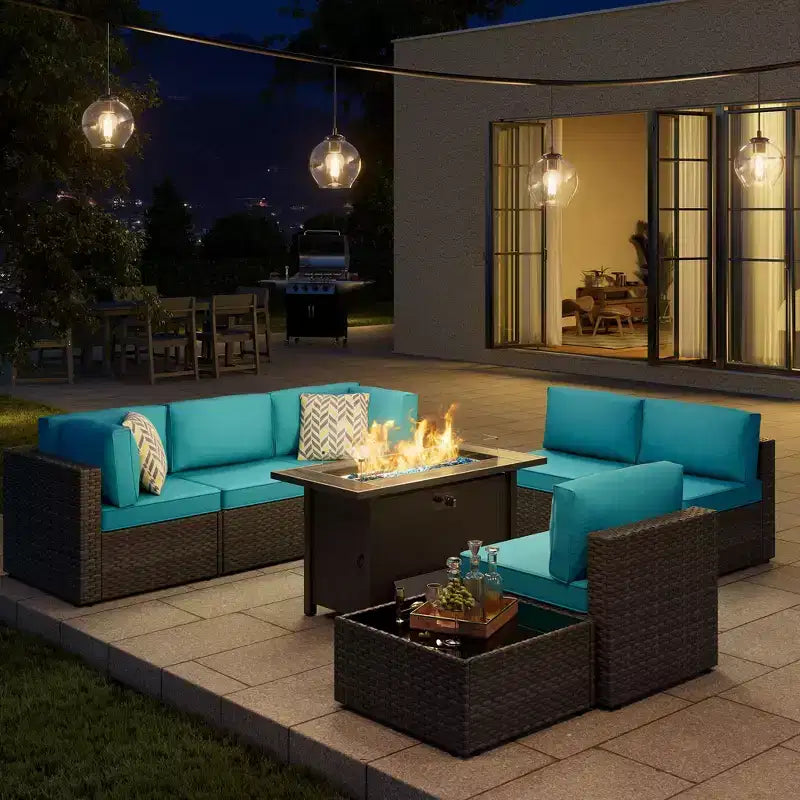 Celebalcony 8-Piece Patio Furniture Set with 45 Fire Pit Table,Outdoor Sectional Conversation Set Wicker Rattan Sofa Set with Coffee Table