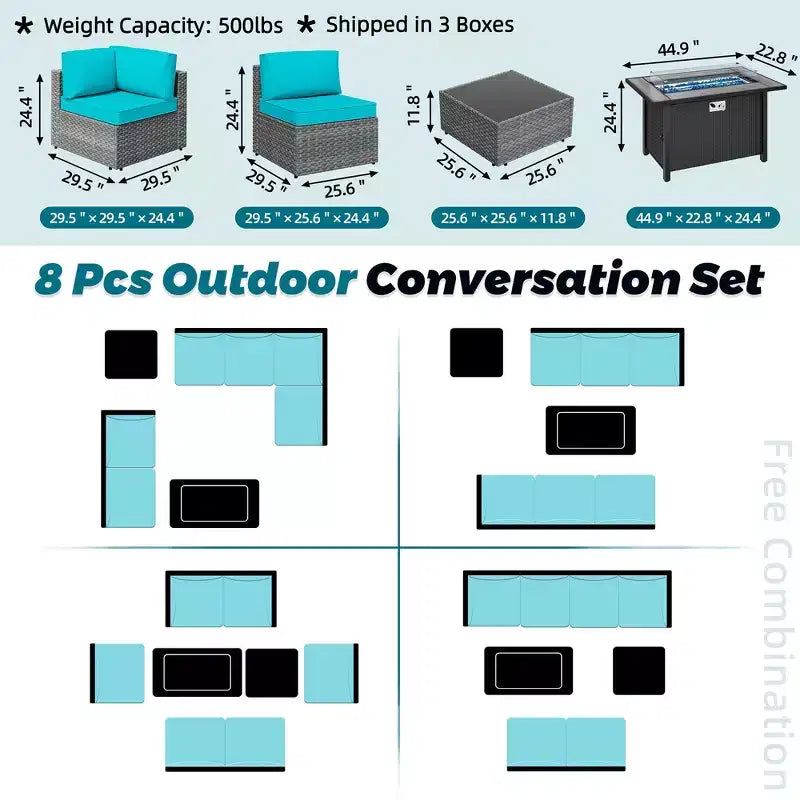 Celebalcony 8-Piece Patio Furniture Set with 45 Fire Pit Table,Outdoor Sectional Conversation Set Wicker Rattan Sofa Set with Coffee Table